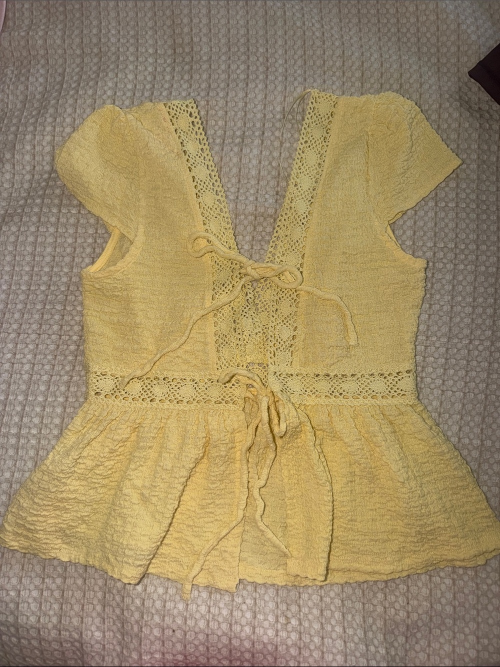 Yellow Lace-Trim Peplum Tie-Front Women's Top